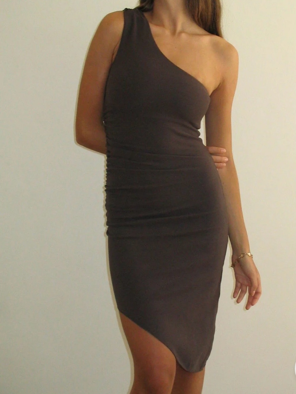 Frankie's Bikinis One-Shoulder Chocolate Brown Bodycon Dress